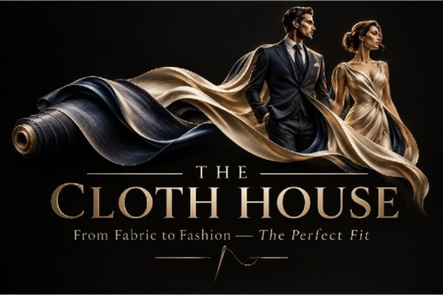 The Cloth House brand image showing a refined man and woman emerging from flowing cloth, with the text The Cloth House and the tagline From Fabric to Fashion — The Perfect Fit.